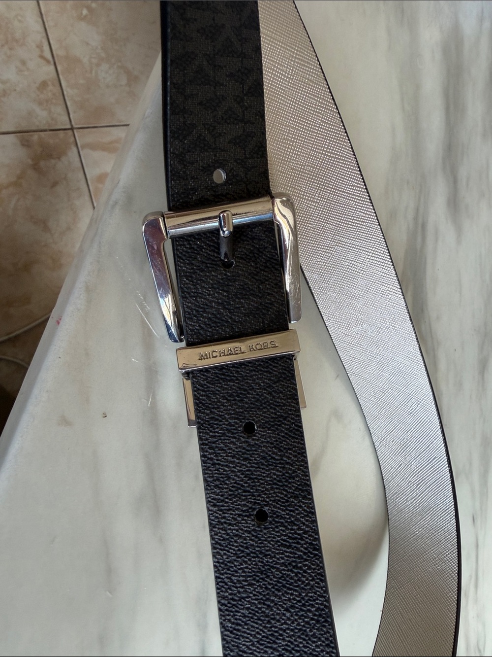 Michael Kors Men's Reversible Black & Silver Leather Belt with Logo Buckle